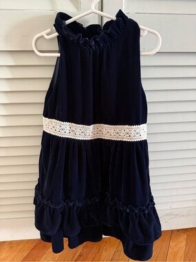 Janie and Jack Navy Velvet Dress with Ruffled Neckline
